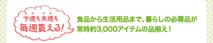 食品から生活用品まで、暮らしの必需品が常時約3,000アイテムの品揃え!