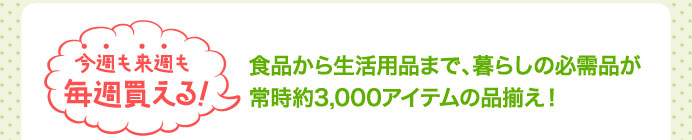 食品から生活用品まで、暮らしの必需品が常時約3,000アイテムの品揃え!