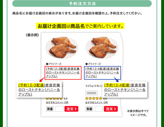 予約注文方法　商品名にお届け企画回の表示があります。お届け企画回を確認の上、予約注文してください。