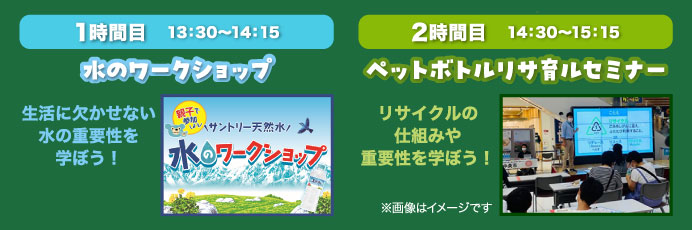 1時間目　13：30〜14：15　水のワークショップ／2時間目　14：30〜15：15　ペットボトルリサ育ルセミナー