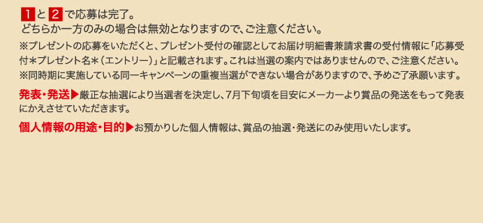 １ と ２ で応募は完了。どちらか一方のみの場合は無効となりますので、ご注意ください。